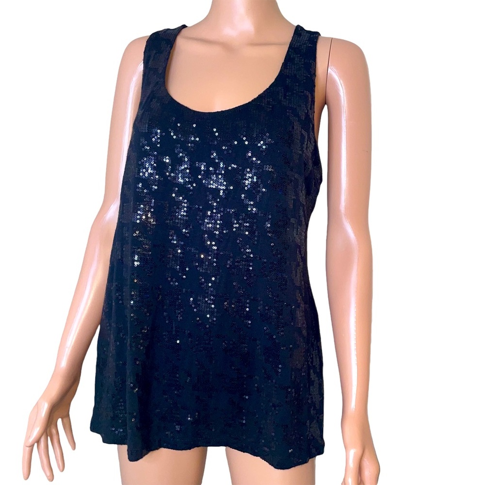 Halogen brand black sequined/sparkly tank top blouse SZ L
